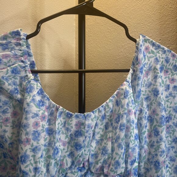 Japna White Blue Floral Pattern Long Puff Sleeve Back Tie Crop Top Blouse S - Picture 5 of 11